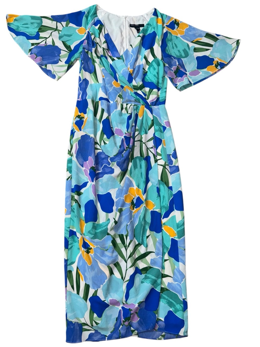 Maggy London Floral Flutter Sleeve Midi Dress Size 10 Blue Green
